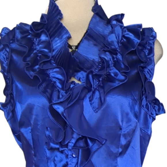 Antilia Femme Royal Blue Satin Designer Ruffle Blouse Size L - Picture 13 of 16